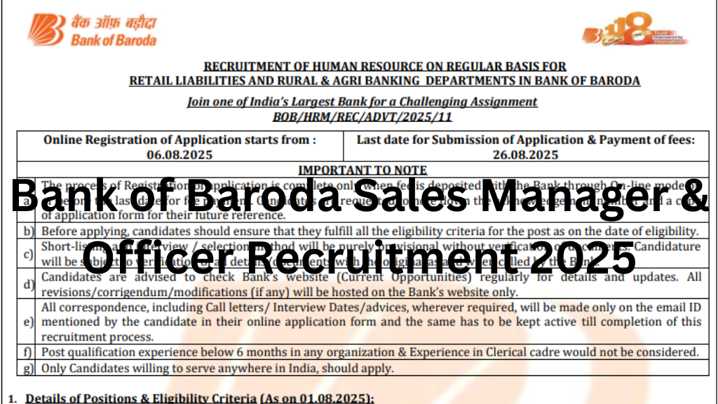 Bank of Baroda Sales Manager Officer Recruitment 2025